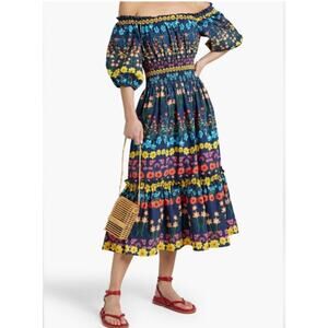 Cara Cara Mimi Flowerbox Navy Off Shoulder Smocked Midi Dress XS